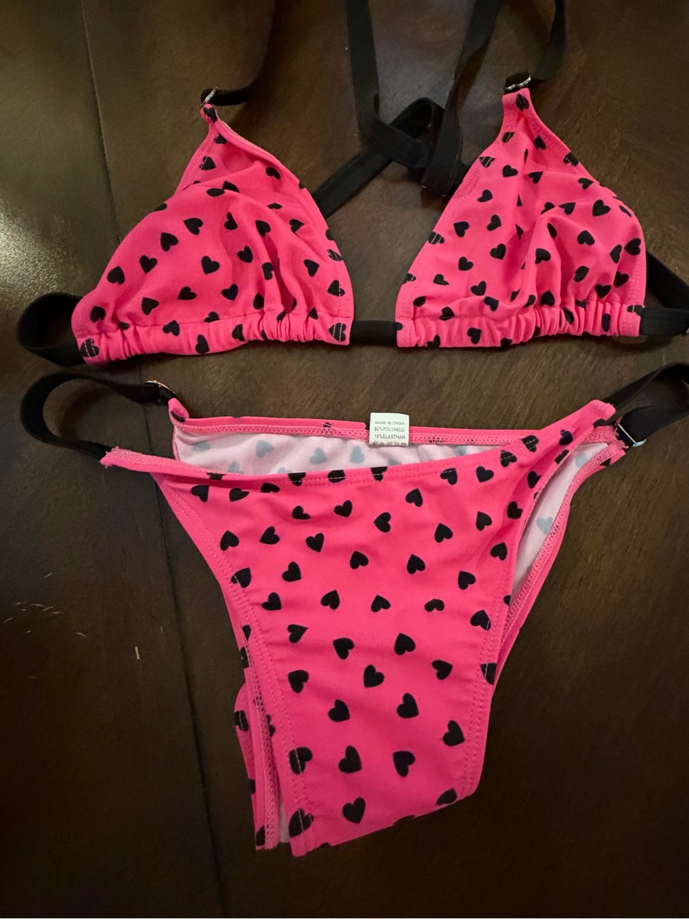 Pink Heart Print Bikini Set with Black Straps size lg